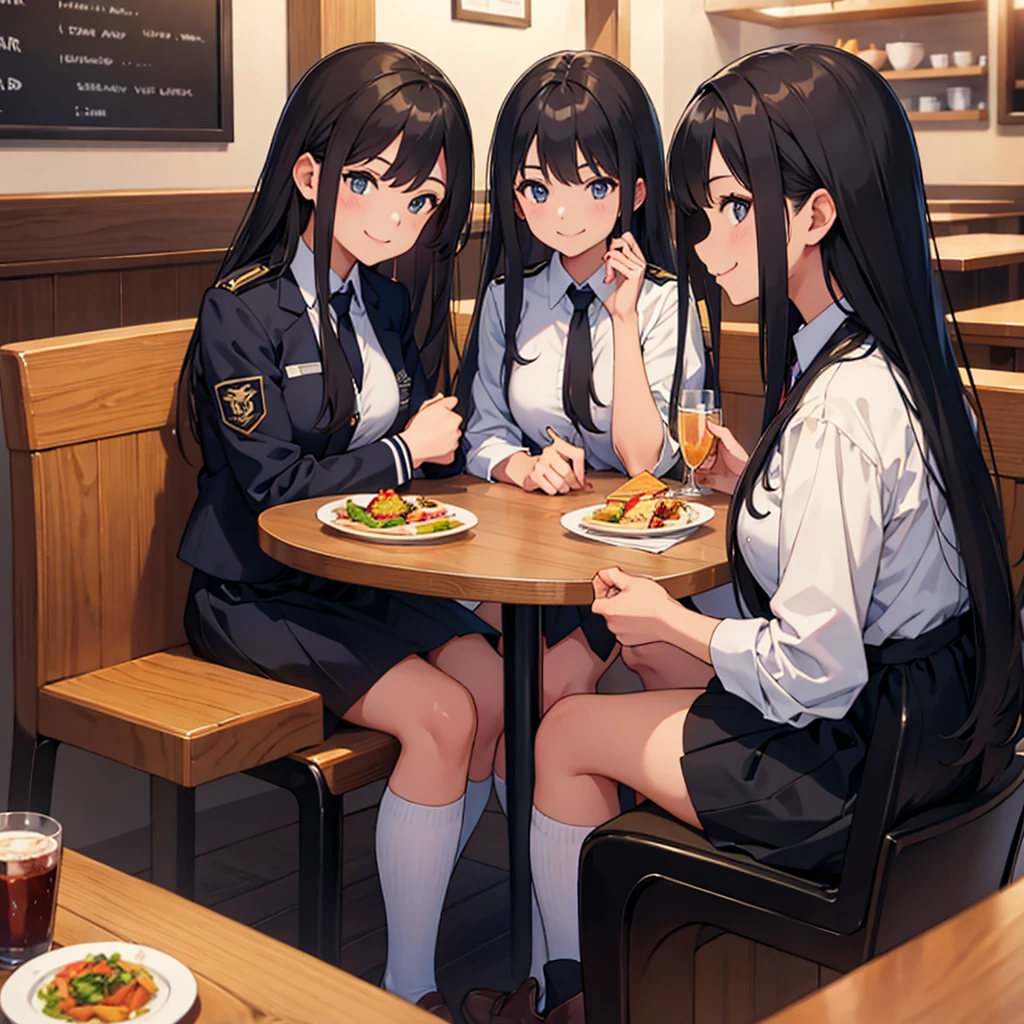 Three Girls,uniform,Long Hair, smiling, First Person View,Restaurant table seating