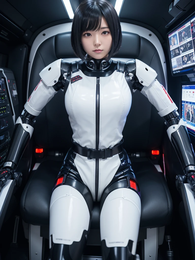 Japanese female android,Black Hair,Factory Cockpit,Secured to the seat with a thick harness,Plump,Slightly thicker,Squat with legs apart,Shiny white robot suit,Robotic arms and legs,Surrounded by switches and monitors,
