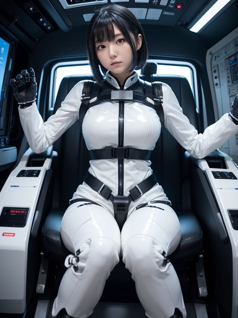 Japanese female android,Black Hair,Factory Cockpit,Secured to the seat with a thick harness,Plump,Slightly thicker,Squat with legs apart,Shiny white robot suit,Robotic arms and legs,Surrounded by switches and monitors,