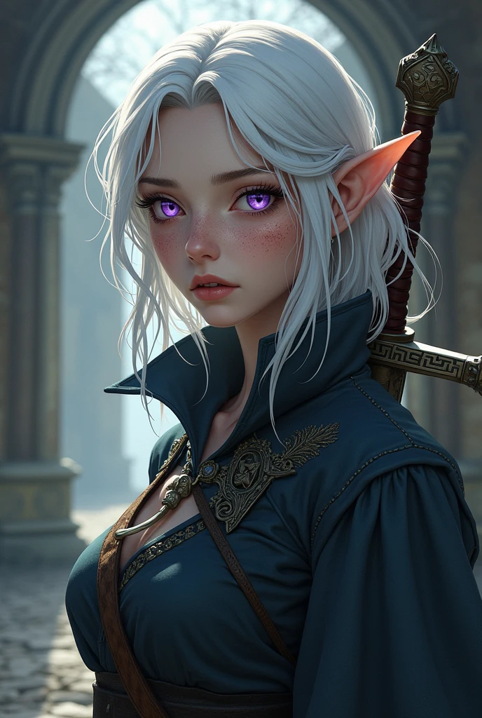 Fantasy Character, mature elf woman, with a frightening expression, with shoulder length white hair and dark purple eyes. fair skin with freckles. scar on left eye. Medieval era anime style. In swordsman's clothes