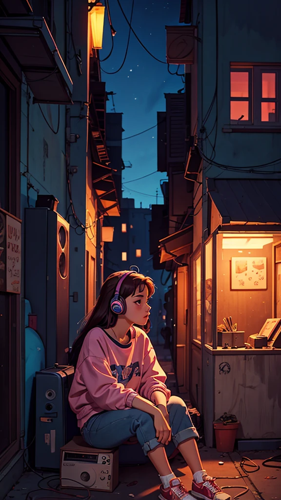 artwork, best quality, realism, girl listening music to sit in building, night, lofi, 90s