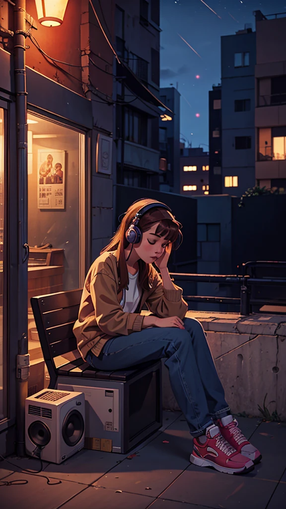 artwork, best quality, realism, girl listening music to sit in building, night, lofi, 90s
