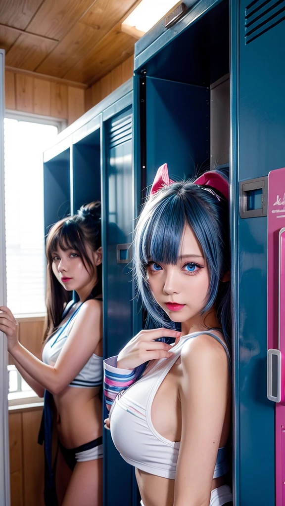 Three Girls, High resolution, blue eyes, accessories, Colorful Hair,Bunny girl、locker room