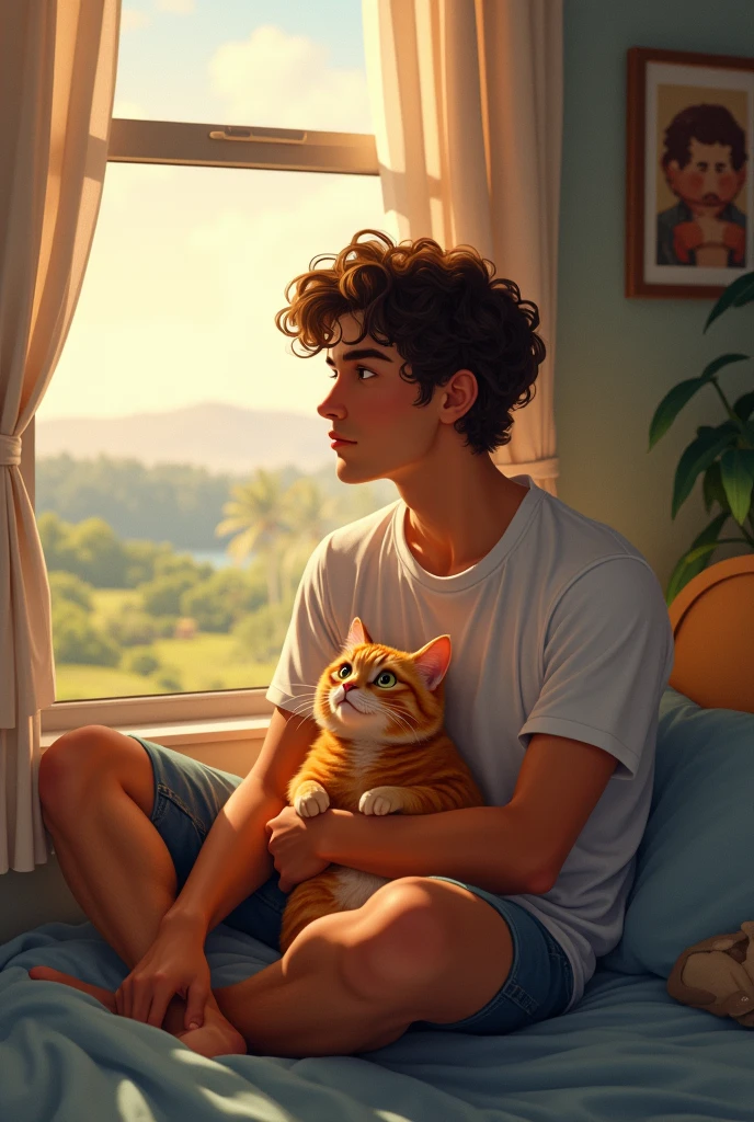 young man with tanned skin and curly hair, sitting at a bedroom window with an orange cat on her lap while looking at the landscape outside.