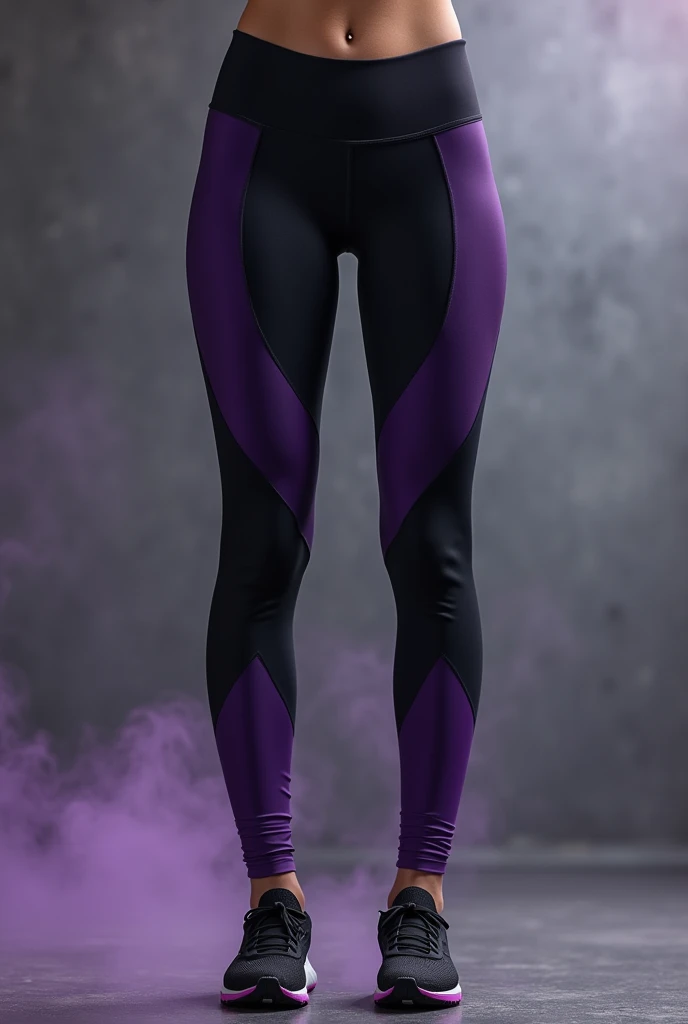 Women&#39;s sports leggings in the colors Black on top Purple on the bottom with a smoky finish. No one is wearing the leggings Front part 