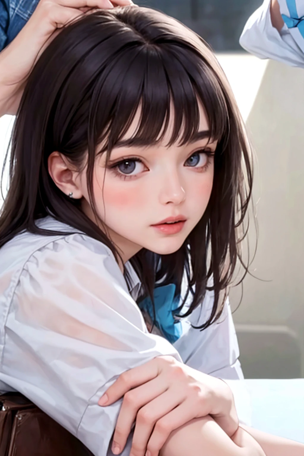 raw photo, 1girl, cute face, beautiful face, medium breast, collared blouse, White blouse, light smile, Upper body, detailed skin, pore, simple background, photorealistic, anatomically correct, masterpiece, best quality, UHD