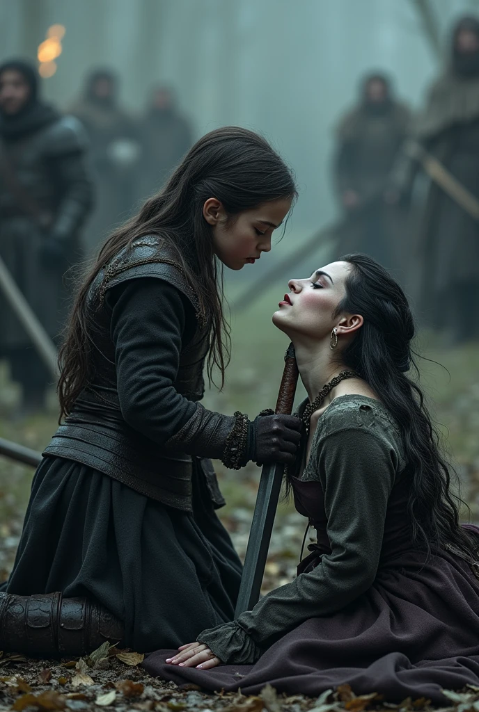 Realism, super quality, action photography style, a defeated woman kneels, her son (12 years) holds the tip of a sword to a woman's throat, knife stab in the throat, Her head is thrown back strongly.., the woman has a large manly Adam's apple, (woman - 30 year old warrior, throat slit, gothic makeup, pale skin, long hair) (son is ) ancient vikings battle