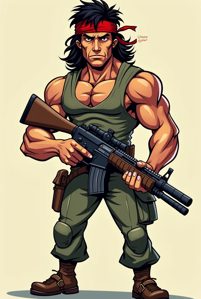 character from the movie Rambo, Very realistic, with gun,in cartoon form