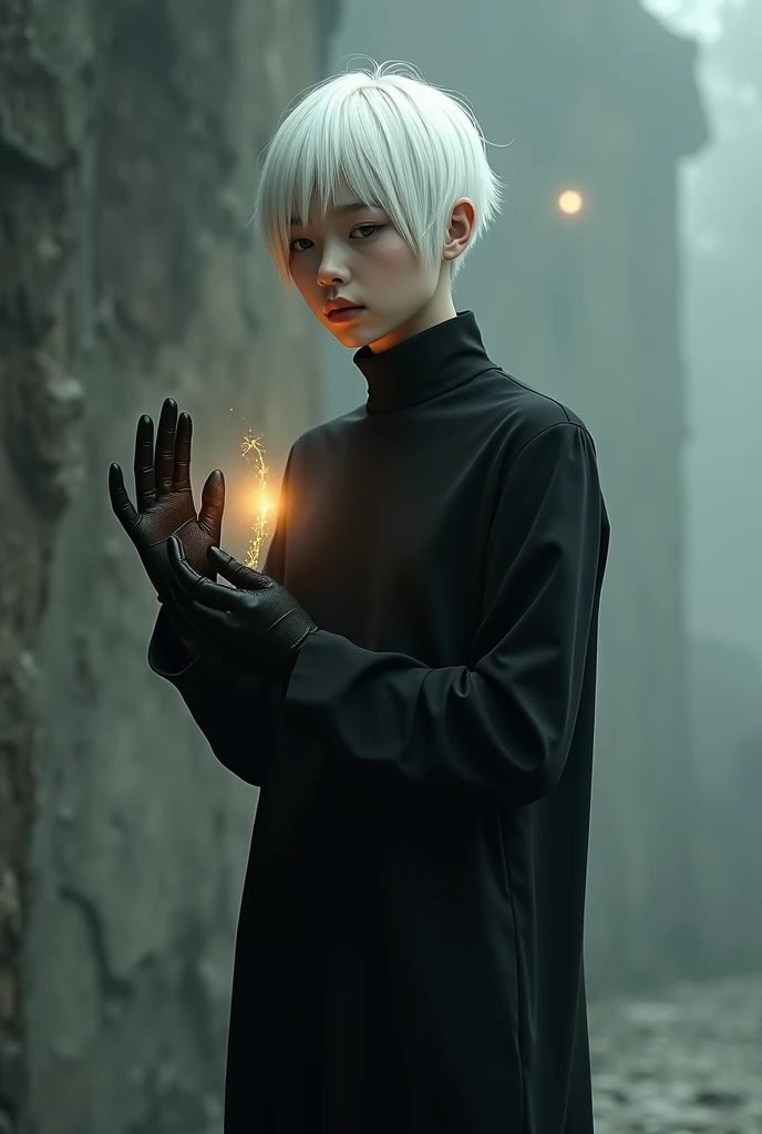 A young body, white hair, wearing black clothes, a glove on one hand and the other with nothing on it, just a small yellow glow.