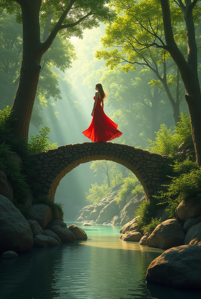  in a red dress is walking across a bridge into a forest.
