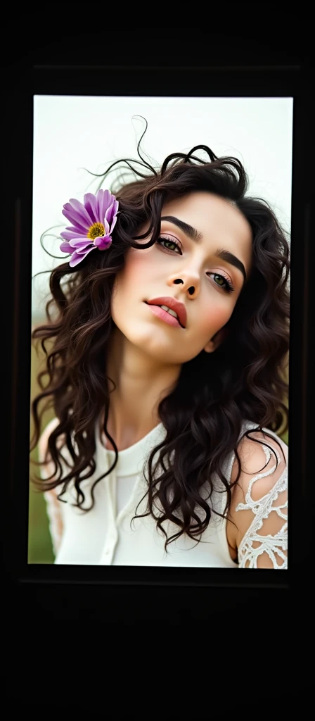 a close up of a woman with a flower in her hair, no makeup wavy hair, messy curly hair, long messy curly hair, alanis guillen, curly dark hair, curly, curly haired, violet myers, curly hair, profile image, brown curly hair, 1, long dark curly hair, long wild black curly hair and doctor 