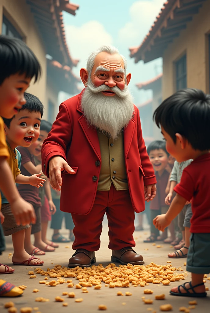 naughty man , height of 1.6 meters,older ,short white hair ,short white beard, red suit, smiling throwing bread crumbs on the floor, poor children picking up bread crumbs from the floor.