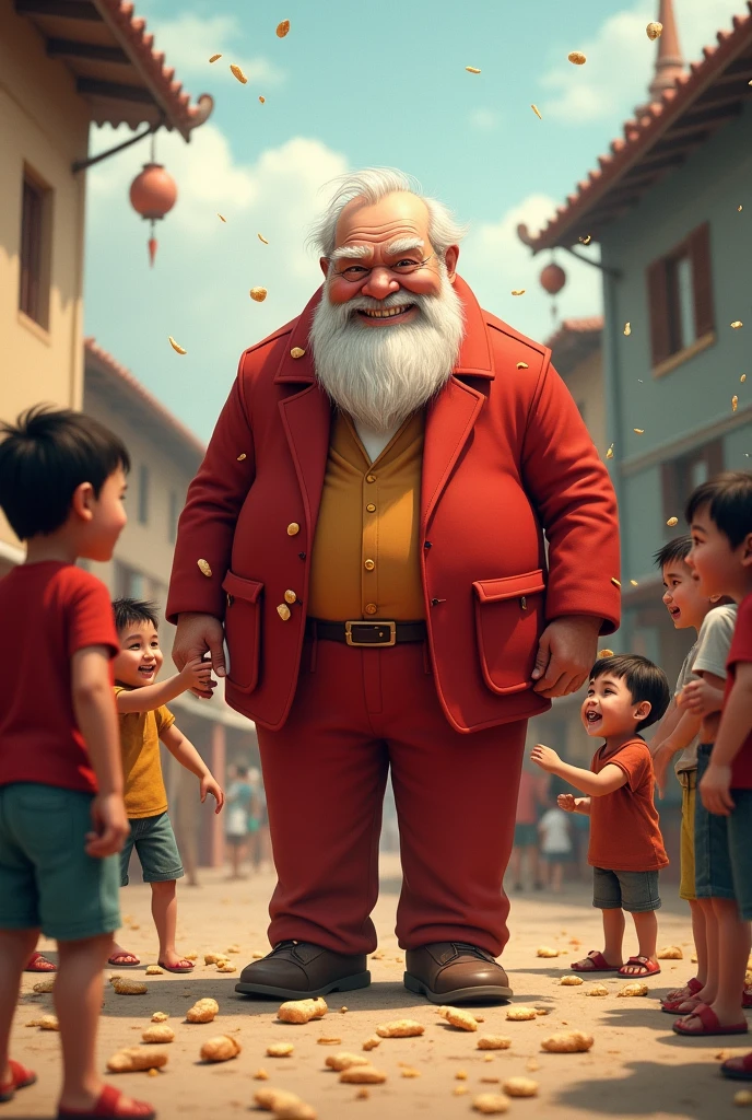 naughty man , height of 1.6 meters,older ,short white hair ,short white beard, red suit, smiling throwing bread crumbs on the floor, poor children picking up bread crumbs from the floor.