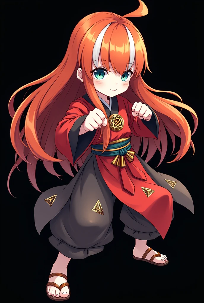 A full body image of an  child, personagem do anime "Demon Slayer", with long, straight, fire-colored hair with two white streaks highlighted in the front, framing your face. She has blue-green eyes and pale skin.. she is a Wiccan, she is in fighting pose. She wears a pentagram necklace and beautiful feminine Japanese clothes, she holds a nail hammer and small nails. Designed by Koyoharu Goutoge. black backdrop.