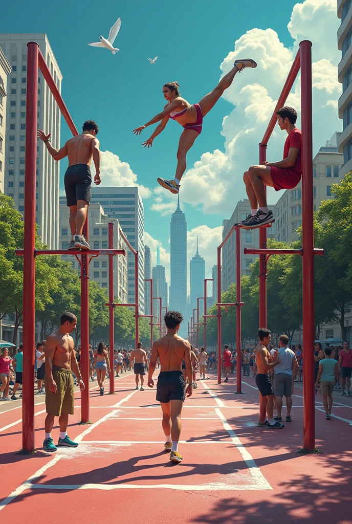 Create a collage of a calisthenics park 