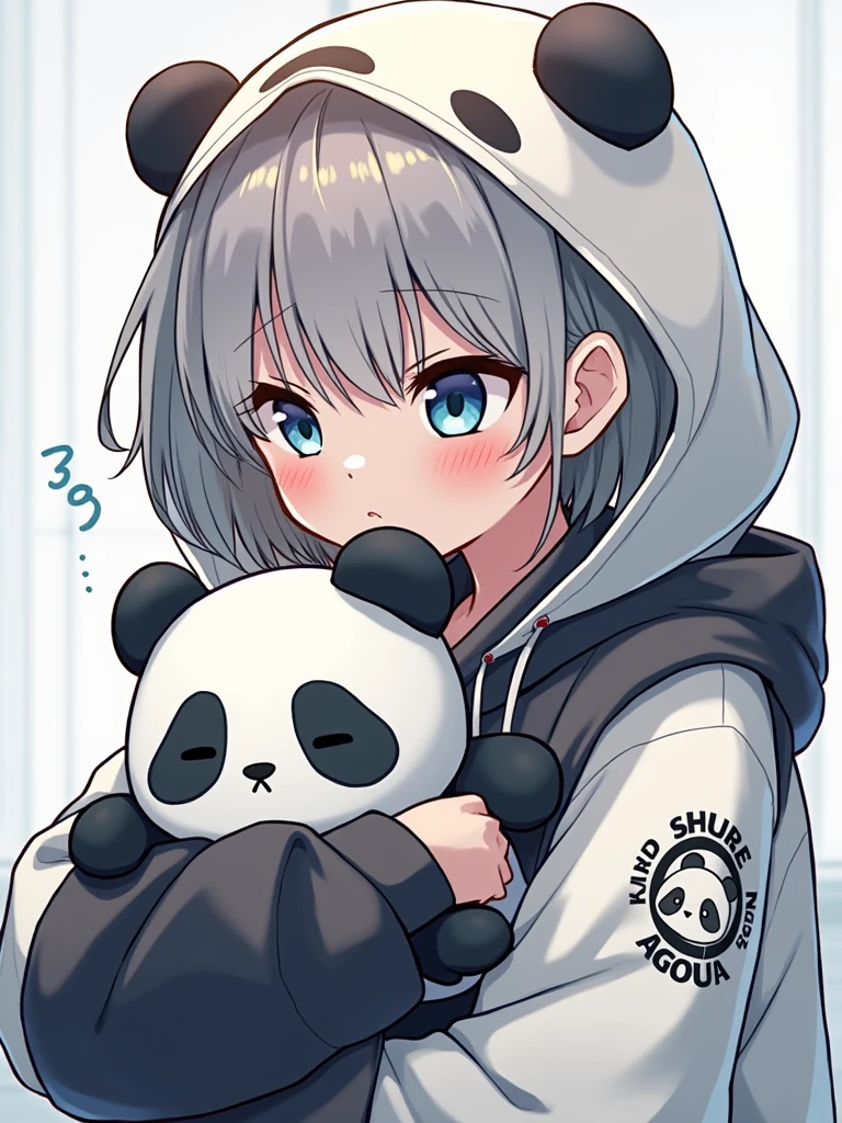Create an anime-style illustration featuring a young person with short, silver-gray hair and blue eyes, wearing a white hoodie with panda ears and black accents. The character should have a serious or slightly sad expression, holding a small, cute panda plushie close to their chest. The hoodie should have detailed designs, including a logo on the sleeve. The background should be kept simple, with soft lighting that highlights the character's features. The overall color scheme should emphasize cool tones, such as blues, grays, and whites.