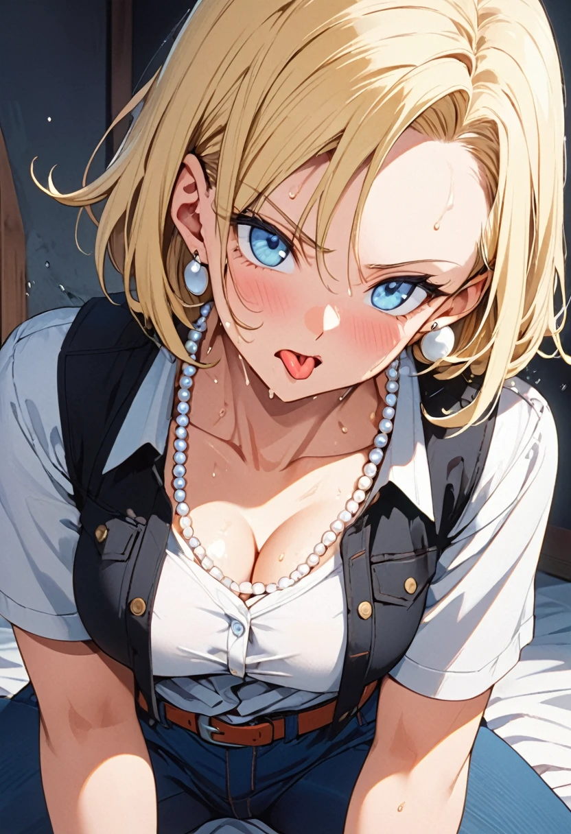 masterpiece, Highest quality, High resolution, (Artificial Human Room No. 18),(Dragon Ball),1990s \(style\),(E-cup beautiful breasts)、height: 170cm,Sweating all over the body、vapor、Muscular、((sexy))、(sex),(nsfw),(M-shaped legs),Sweaty、(Breasts spilling out of clothes),独奏,Anime-style painting style, blonde hair, Blue eyes, belt, jeans, pearl_necklace, bracelet, black gloves, white shirt, short hair, short sleeves, earrings, blue short pants, open vest, black vest,middle breasts,Composition focusing on the upper body,(Cool face)、Pointed eyes,A face writhing in pleasure,Kissing expression、Sticking out tongue、Prone