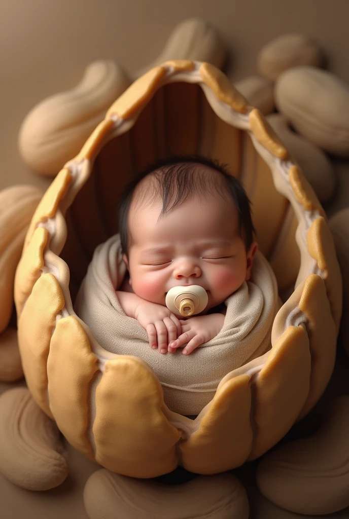 A baby sucking a pacifier and sleeping inside a whole cashew.