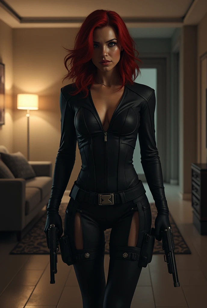 Une famme qui porte un cosplay de Black widow en des pistolet et qui font un braquage dans un appartement pour tué une femme elle est morte