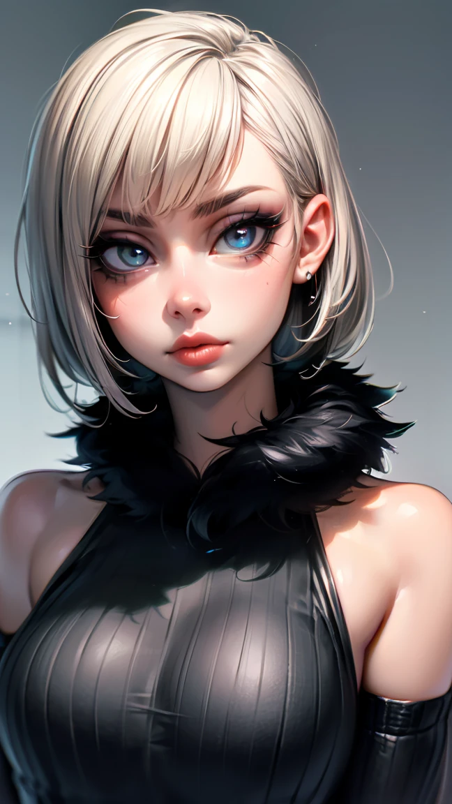 8k, raw photo, photorealistic: 1.25), (lipgloss, eyelashes, bright face, shiny skin, Best Quality, ultra high resolution, depth of field, chromatic aberration, Caustics, Hydrated lips, Ultra-cropped face, Radiant and detailed eyes, black fur, Semi-long, Fashion, Fitted knit dress, steep