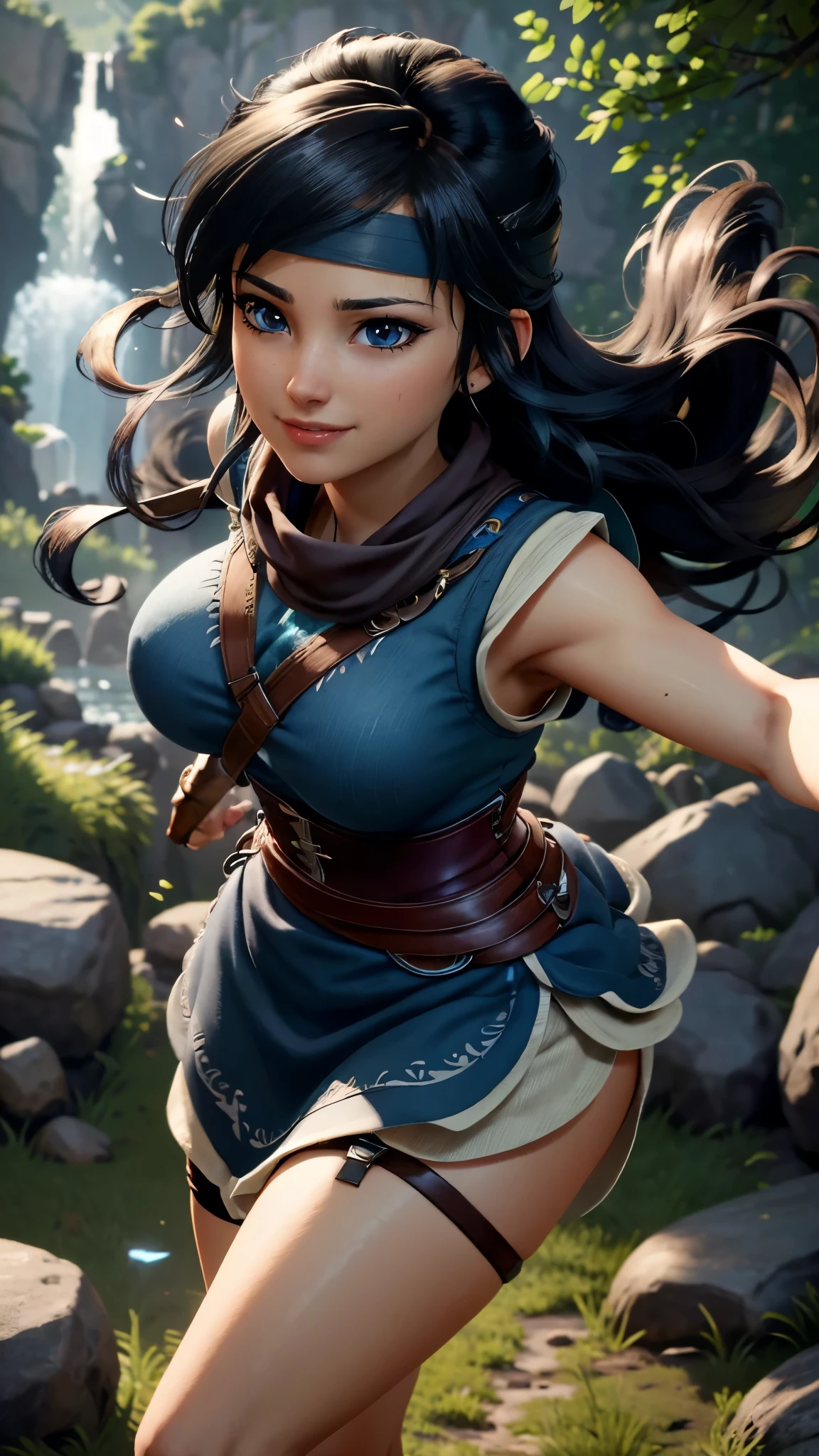 Kena da bridge of spirits,(best qualityer,4K,8k,high resolution,work of art:1.2)(weather: windy), cowboy shot,spirit forest background, long curly hair, cropped shirt, long wavy dress, thigh high stockings, garter belt, magic scepter, headband, gloves, harness corset, ultra detailed,realisitic,beautiful detailed blue eyes,beautiful detailed lips,extremely detailed eye and face, long eyelashes,sexly,average,large breasts,flying hair,beaming smile,powerful girl in a combat, combat stance,bright coloured,dramatic lighting,composition,