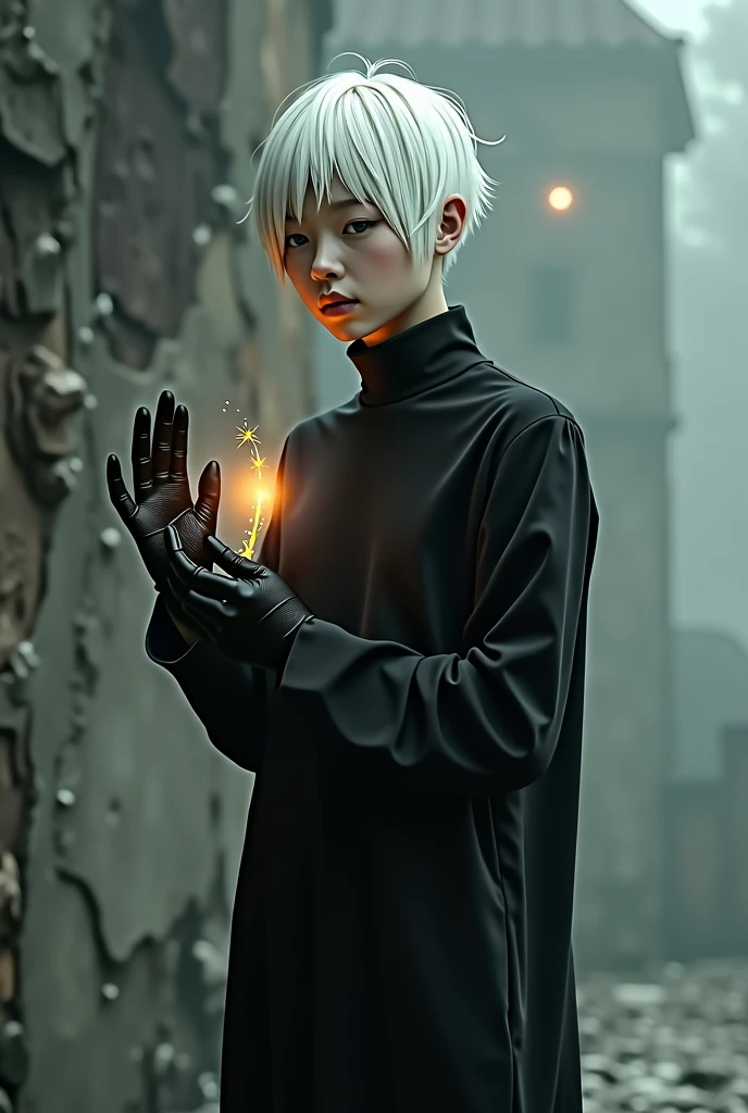 A young body, white hair, wearing black clothes, a glove on one hand and the other with nothing on it, just a small yellow glow.