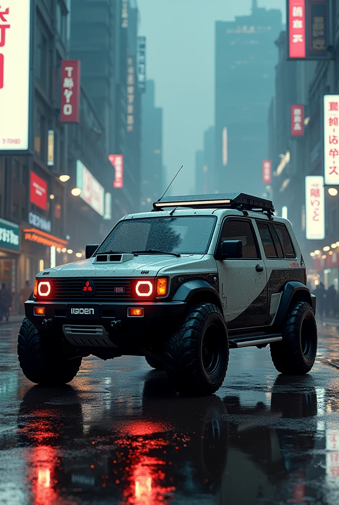 Generates a photo with the 1994 Mitsubishi Montero with 4 cyberpunk style doors