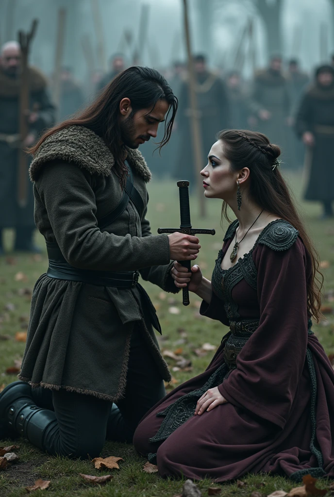 Realism, super quality, action photography style, a defeated woman kneels, her son (s) holds the tip of a sword to a woman's throat, knife stab in the throat, Her head is thrown back strongly.., the woman has a large manly Adam's apple, (woman - 30 year old warrior, throat slit, gothic makeup, pale skin, long hair) (son is ) ancient vikings battle