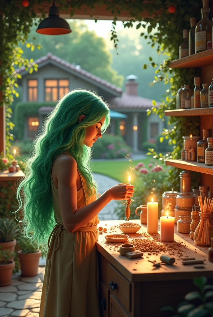 A house with a garage and green spaces, Big windows, a landscape, a woman with long wavy green hair, creating candles in a candle workshop, magical, free and happy