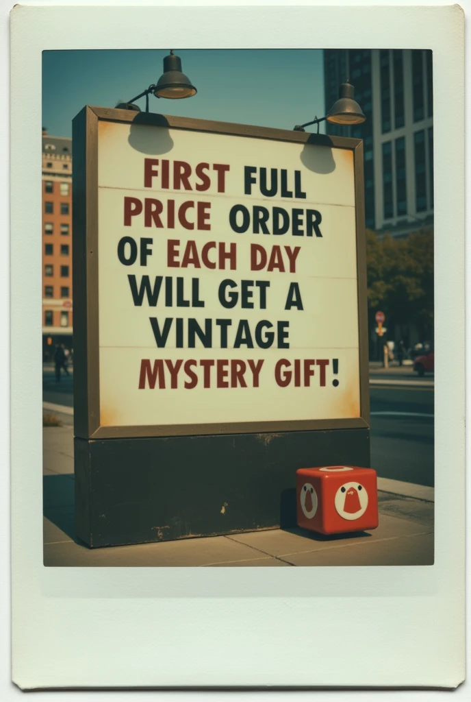 Vintage Polaroid style photo of a billboard that says “first full price order of each day will get a vintage mystery gift” in all capital lettering with a Mario mystery cube traffic on the right side of the billboard