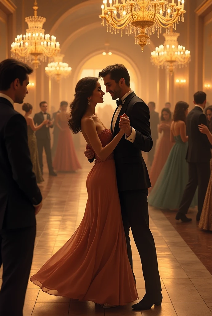 a woman dancing at a ball with another man, while a man stands sadly behind them two