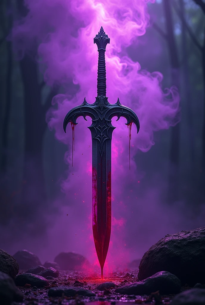 Please generate a poster sized Instagram post. It must have a dual sword in the middle... blood dripping from it. The rest of the poster must be covered with purple magic...like purple dust and make it bright... write the title "The Fated Forest" also 