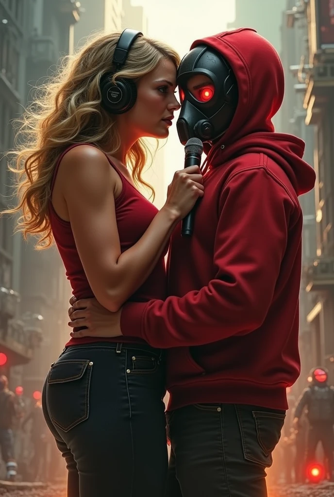 Taylor Swift, realistic, big breasts, microphone, full body & Youg boy with red hoodie, headphones, Star-lord helmet, rocket boots, gas helmet, covered mouth, round red, eyes, front cover, hugging, love, Romance, hug, ficcion, ??? Star-lord with red hoodie, headphones, star-lord helmet, gas helmet, covered mouth, round red eyes, Red eyes, magic rings in the hands and rocket boots, Fighting, power, fiction, 2 persons, magic lasso, hight, fall, DJ.