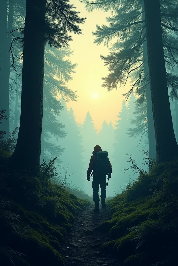 a hiker far away in the woods at dark dawn