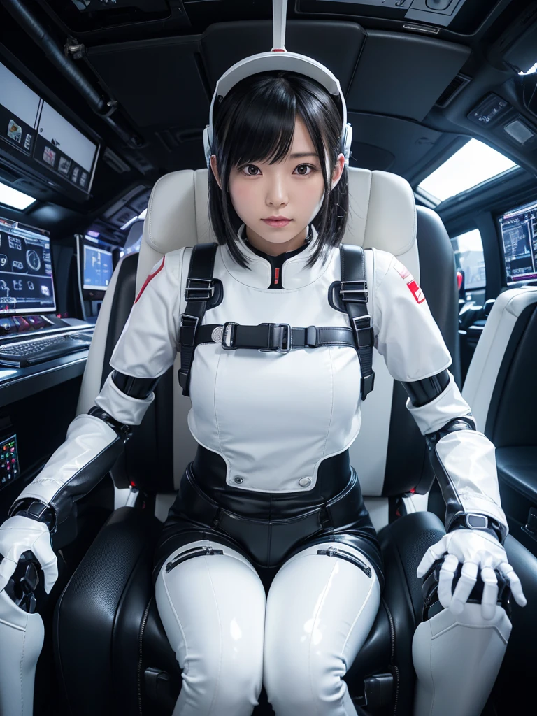 Japanese female android,Black Hair,Factory Cockpit,Secured to the seat with a thick harness,Plump,Slightly thicker,Squat,Shiny white robot suit,Robotic arms and legs,Surrounded by switches and monitors,