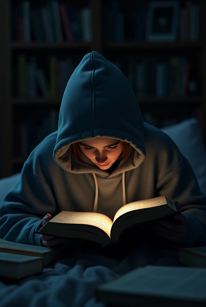 Art of a young adult in the middle of his dark room lit only by a light as he reads a book very close to his face, you can't even see your face because the book hides it. He is wearing a sweatshirt that covers up to his head.. He resembles a lonely reader surrounded by books