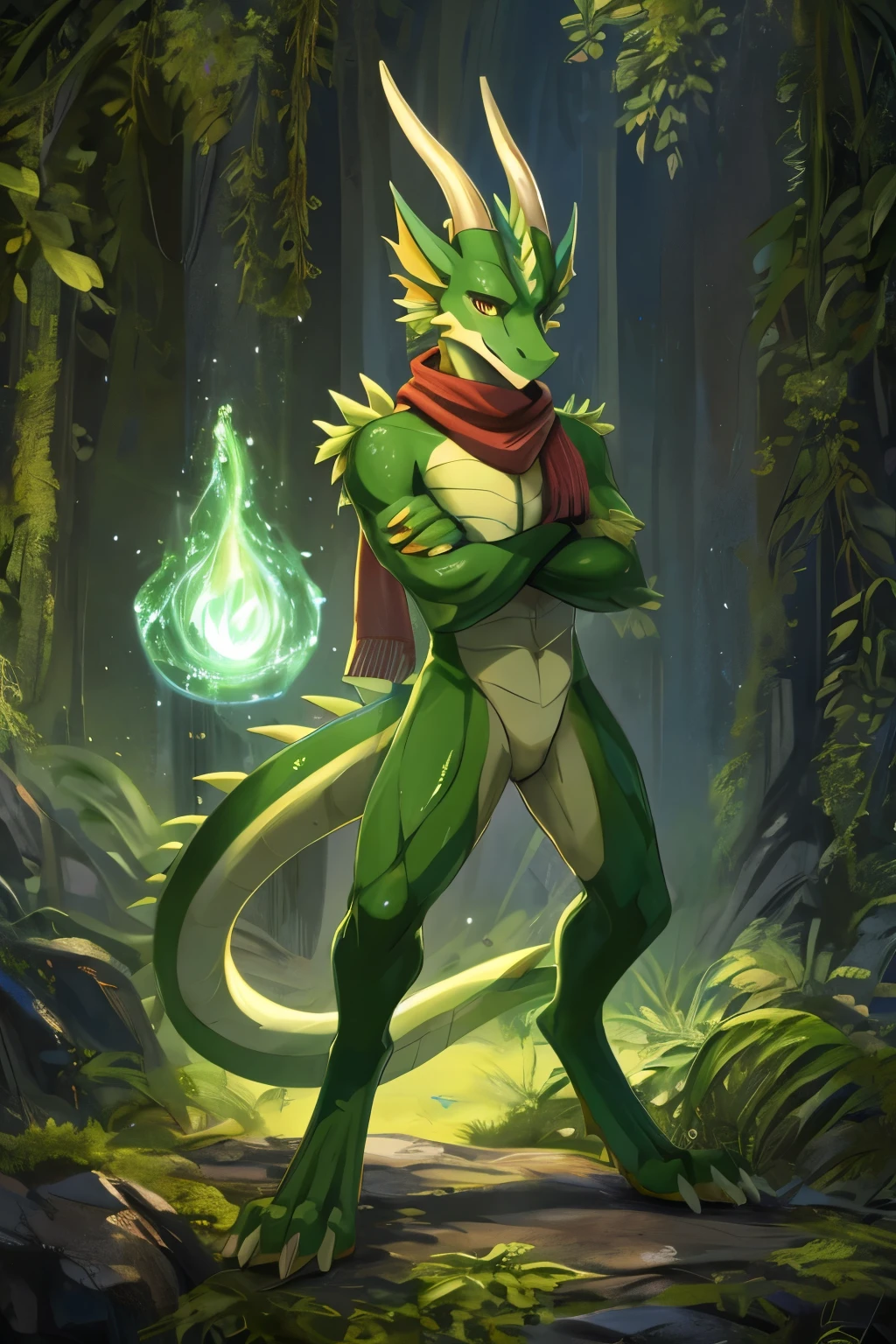 (anime), (front facing), (looking at the camera), slim furry green and lime dragon using old magic, ((crossed arms)), green main body color, smooth skin, very long muzzle, neck and tail fur, digitigrade, creative horns, feathers, gradients, (wearing only a scarf), nature background, full body