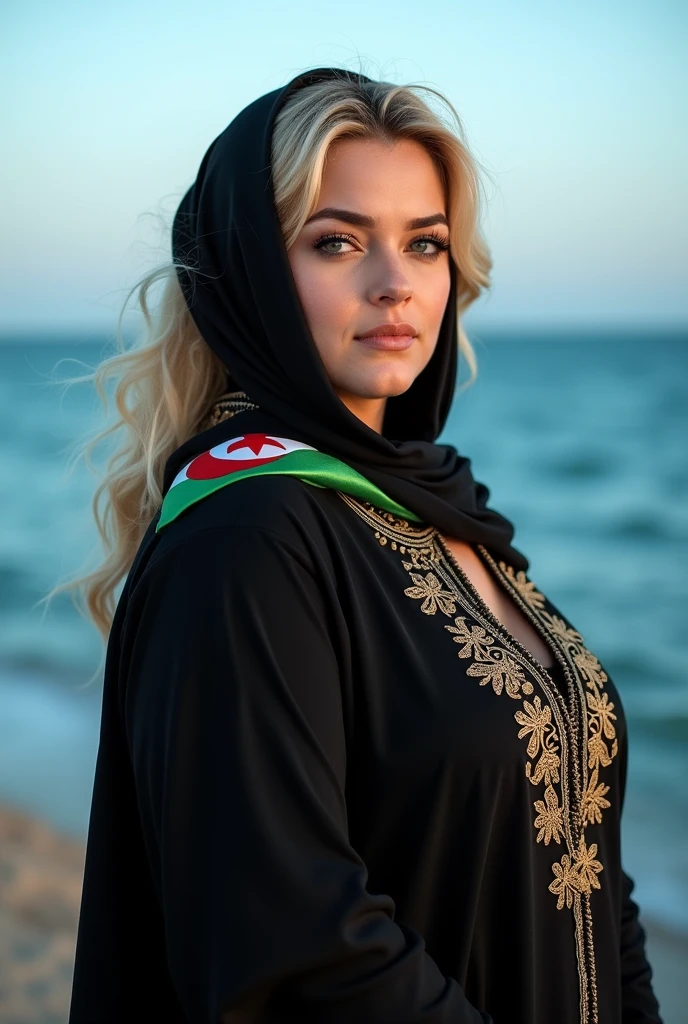 Close up, blonde, plump woman, wearing a black abaya, embroidered with gold, on her shoulder a scarf of the Algerian flag, the Algerian flag is detailed in all its colors and very precise, looking directly at the camera, she is standing on the blue sea shore 
