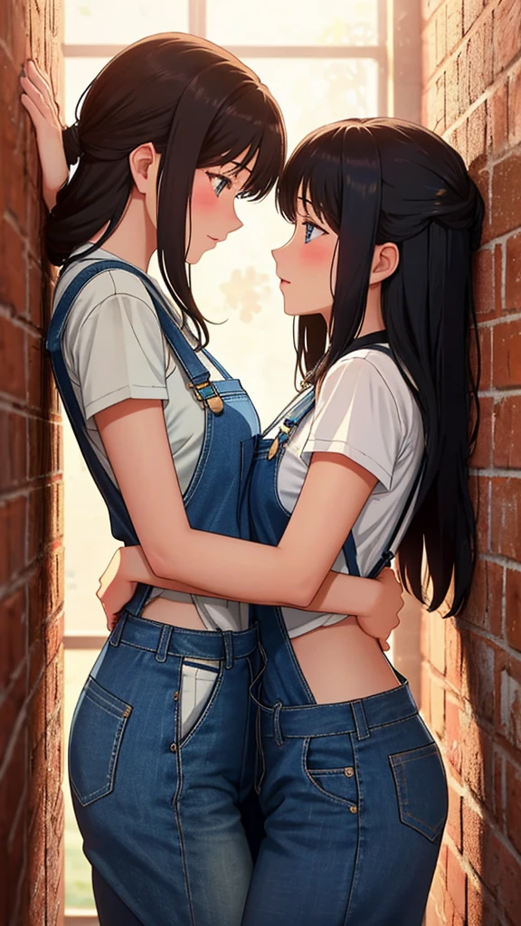 In an intimate and NSFW moment, The two eighteen year old girls found themselves pressed against each other., Their bodies close enough to feel the heat radiating between them. A girl was trapped against the wall., his arms raised above his head, surrender to the touch of the other. The other girl held her by the waist, his hand slipping under his overalls shot, Their gazes locked deeply into each other's eyes.. With seductive expressions playing on their faces., explored this forbidden moment, short overalls, barefoot, Their hearts beating with desire, kissing. a beach.