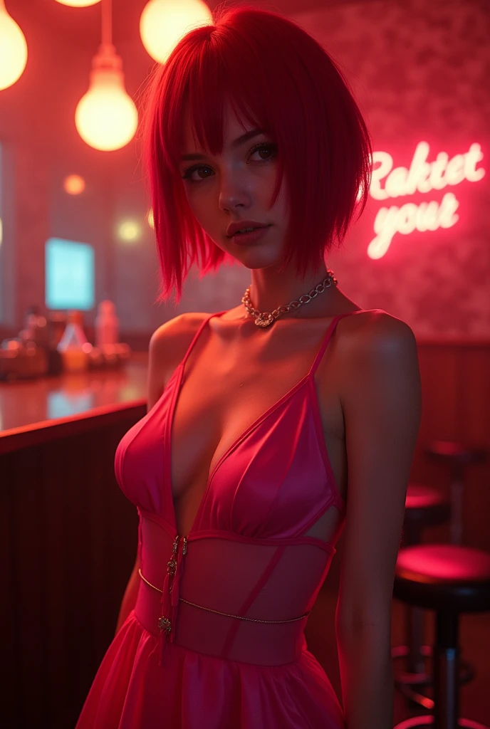 1girl, 16mm, 12mm, full frame, wide, (best quality), Mahiro Uchiha, red short hair, lovely face,(huge breasts:1.2), professional lighting, (ultra hi-res), hi-res,(Wearing a pink transperent dress), (cinematic lighting), POV, 4k, 8k, masterpiece, realistic light, artifical soft light, realistic shadow,in a nightclub, standing (sexual pose)