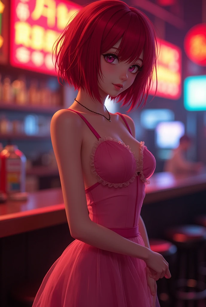 1girl, 16mm, 12mm, full frame, wide, (best quality), Mahiro Uchiha, red short hair, lovely face,(huge breasts:1.2), professional lighting, (ultra hi-res), hi-res,(Wearing a pink transperent dress), (cinematic lighting), POV, 4k, 8k, masterpiece, realistic light, artifical soft light, realistic shadow,in a nightclub, standing (sexual pose)