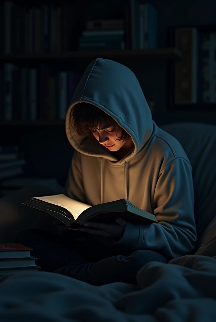 Art of a young adult in the middle of his dark room lit only by a light as he reads a book very close to his face, you can't even see your face because the book hides it. He is wearing a sweatshirt that covers up to his head.. He resembles a lonely reader surrounded by books