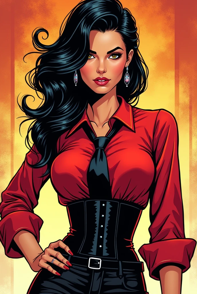 Marvel comic style of a girl wearing a red blouse with a black tie, Black pants, that you have the layered cut with wavy hair that looks like spikes, that she has black hair and brown eyes and a black corset around her waist. Let her look flirtatious 