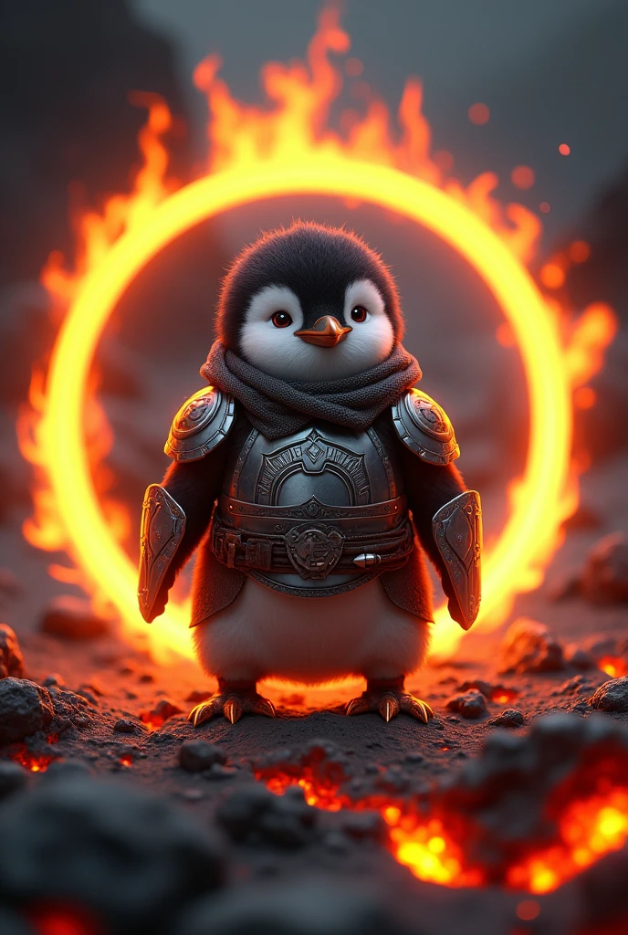 Cute  penguin with the look of a killer fighter with armor with a round illuminated frame in bright fire color with a dark background with magma cracks inside the circle that the penguin goes inside the circle