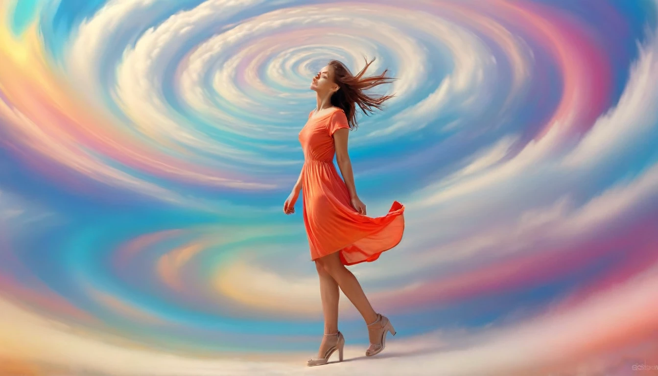 a woman in a simple dress walks through a swirl of clouds , color Art , bela color Art!, Beautiful and colorful, with beautiful digital art, beautiful linda arte digital, colorful HD image, gently cloudy day, color Art,