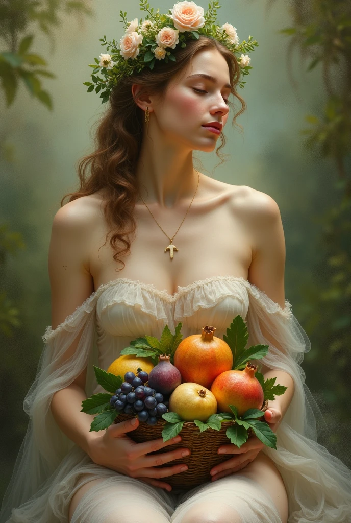 Create an artwork featuring a nude woman embodying the essence of a goddess of abundance and fertility. She is seated gracefully with her knees drawn up, cradling a basket overflowing with various fruits such as grapes, figs, and pomegranates. Her hair is adorned with a crown of flowers and leaves,