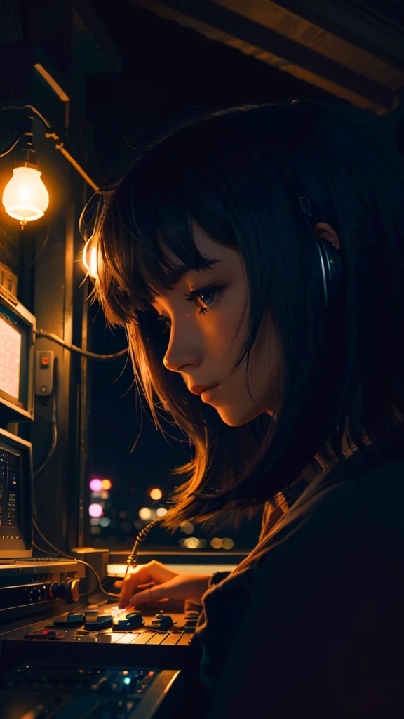 girl listening music, nighttime atmosphere, lofi, 90s, night