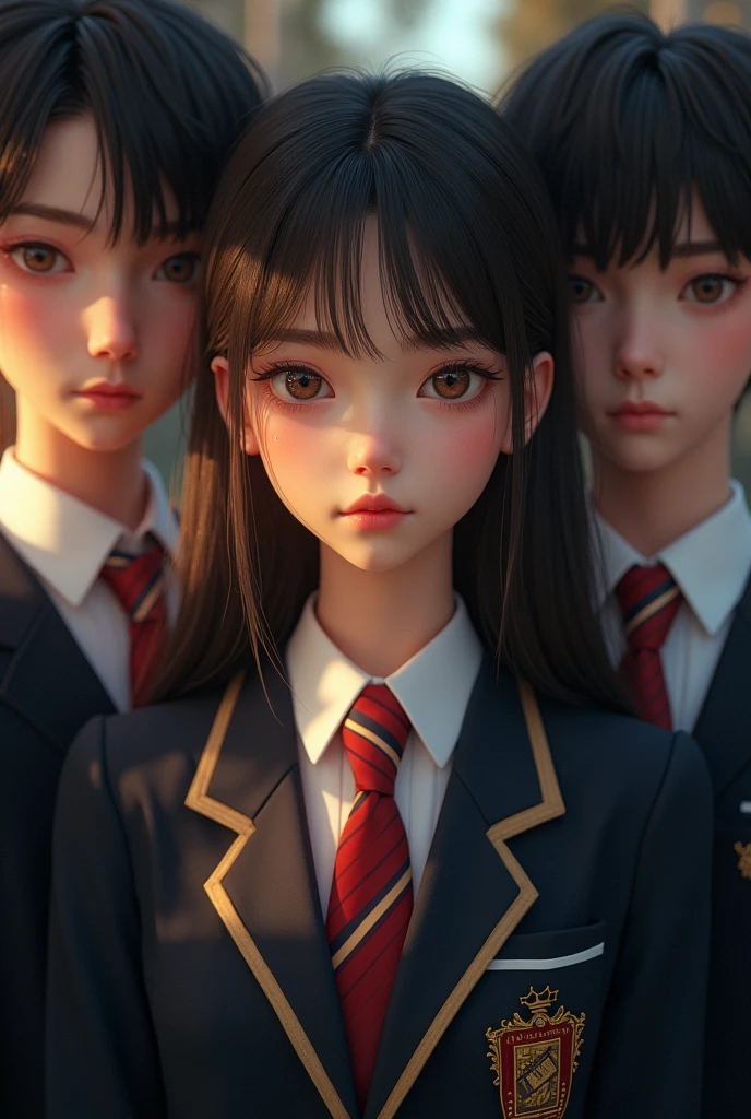 1 girl in school uniform, beautiful detailed eyes, beautiful detailed lips, extremely detailed face and portrait, 3 handsome boys in school uniform, medium shot, elegant, dramatic lighting, cinematic, vibrant colors, photorealistic, (best quality,4k,8k,highres,masterpiece:1.2),ultra-detailed,(realistic,photorealistic,photo-realistic:1.37)