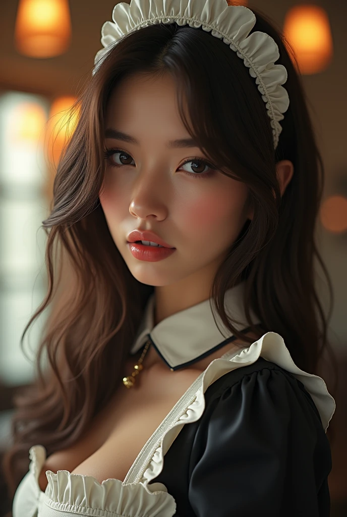 of the highest quality、photorealistic、8k、High resolution、1 girl、women、(Dents in the skin)、(Professional lighting)、(portrait:0.6)、(maid clothes:1.7)、gorgeous、((Brown hair))、(medium hair:1.6) )、(Hair fluttering:1.4)、(1. girl looking at the camera:1)、((1. girl looking at the camera:1.6))、(1. girl looking at the camera)、photorealistic、(Bokeh Depth of field)、(portrait:0.6)、(dynamic pose:1.2)、masterpiece、complex、Dynamic、sharp focus、award-winning photo、software、(risa:1)、Yua Mikami, ((very huge face bigger breasts:1.45)), naked body