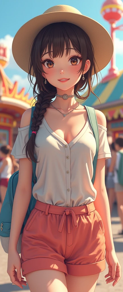 Highest quality、High resolution、Detailed Background、Realistic、RAW Photos、(Beautiful face in every detail:1.4)、Anatomically correct、Normal number of fingers、Detailed facial expressions、Japan beautiful age girls、Huge breasts、Perfect body line、Brown Hair、Braided bob cut、ponytail、Long Hair、Cute Eye Makeup、Cute Lip Makeup、Happy expression、Cute gestures、Model pose、
(Beautiful girl having fun at the amusement park:1.5)、
Cool dresses and shirt dresses、Shorts、Sandals are recommended、
It's cute to add some gorgeous summery earrings or necklaces.、
Wearing a hat can help protect you from the sun and also add a fashion accent.、
We recommend a backpack as a bag、The key points are the light texture and coloring.、very beautiful